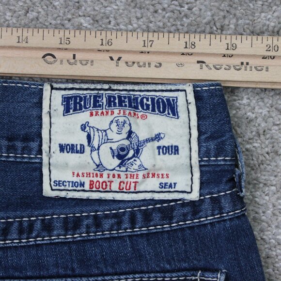 True Religion Boot cut Jeans Mens 38 Blue Bootcut Thick Stitch Denim 28" inseam - Picture 8 of 15